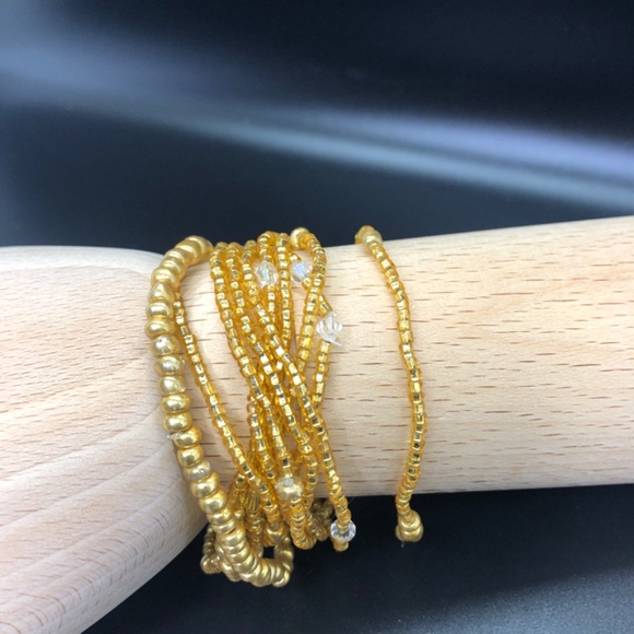 Multi Strand Tiny Gold Glass Seed Stretch Stacking Beaded Bracelet - Picture 8 of 12